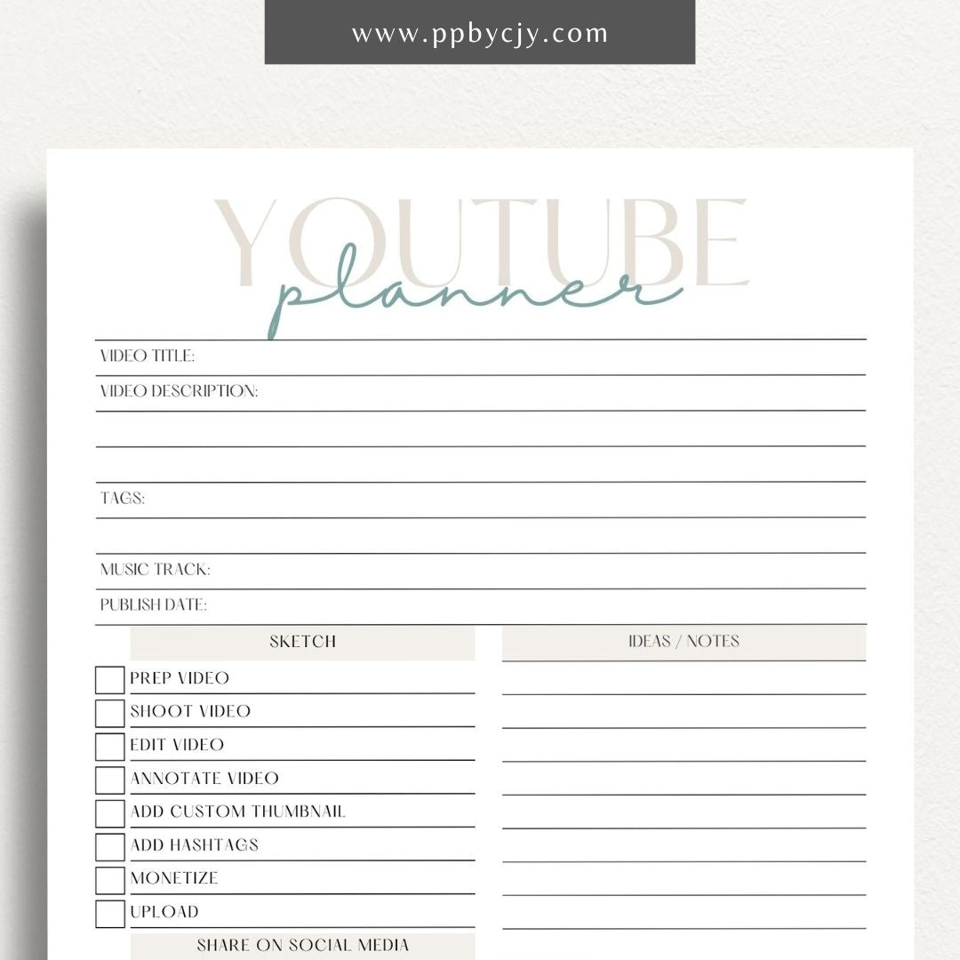 YouTube Planner Printable Template – Digital download for organizing and managing YouTube content, including video ideas, publishing schedules, scripts, and performance tracking