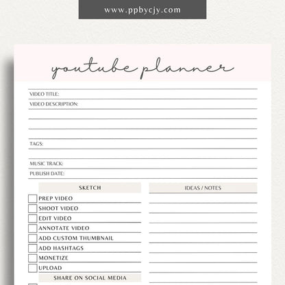 YouTube Planner Printable Template – Digital download for organizing and managing YouTube content, including video ideas, publishing schedules, scripts, and performance tracking