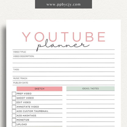 YouTube Planner Printable Template – Digital download for organizing and managing YouTube content, including video ideas, publishing schedules, scripts, and performance tracking