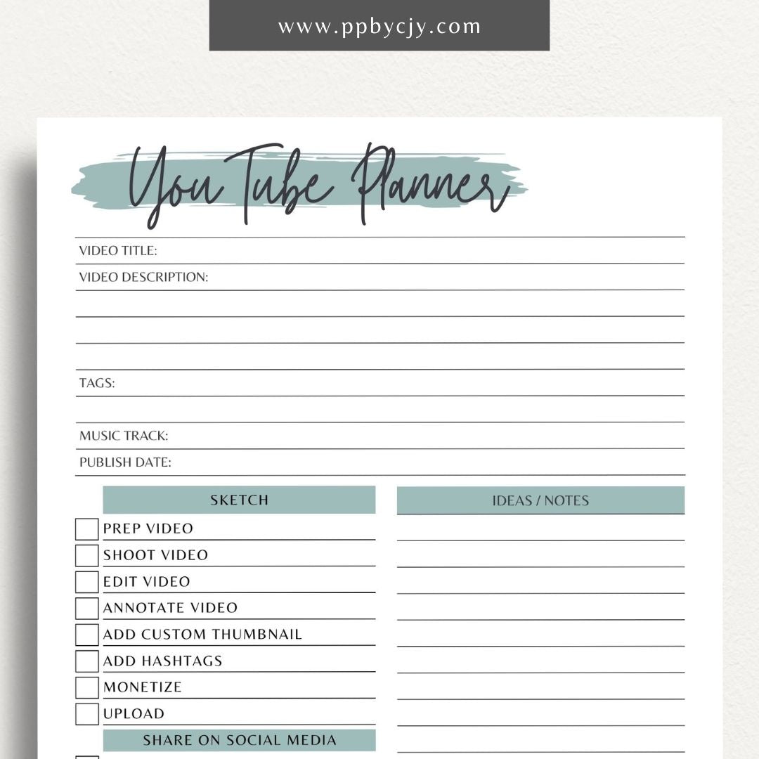 YouTube Planner Printable Template – Digital download for organizing and managing YouTube content, including video ideas, publishing schedules, scripts, and performance tracking