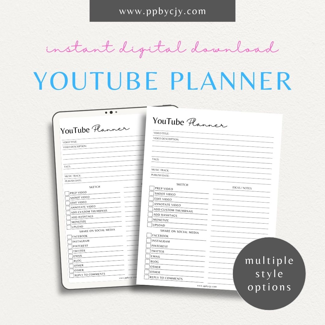 YouTube Planner Printable Template – Digital download for organizing and managing YouTube content, including video ideas, publishing schedules, scripts, and performance tracking