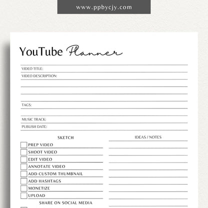 YouTube Planner Printable Template – Digital download for organizing and managing YouTube content, including video ideas, publishing schedules, scripts, and performance tracking