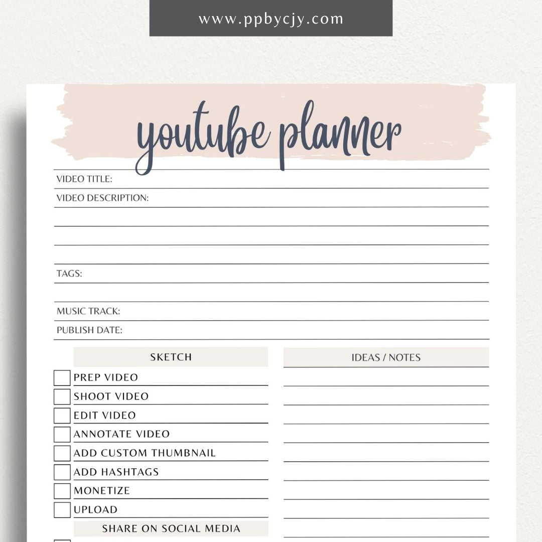 YouTube Planner Printable Template – Digital download for organizing and managing YouTube content, including video ideas, publishing schedules, scripts, and performance tracking