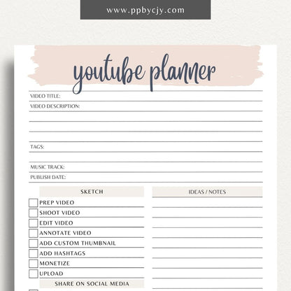 YouTube Planner Printable Template – Digital download for organizing and managing YouTube content, including video ideas, publishing schedules, scripts, and performance tracking