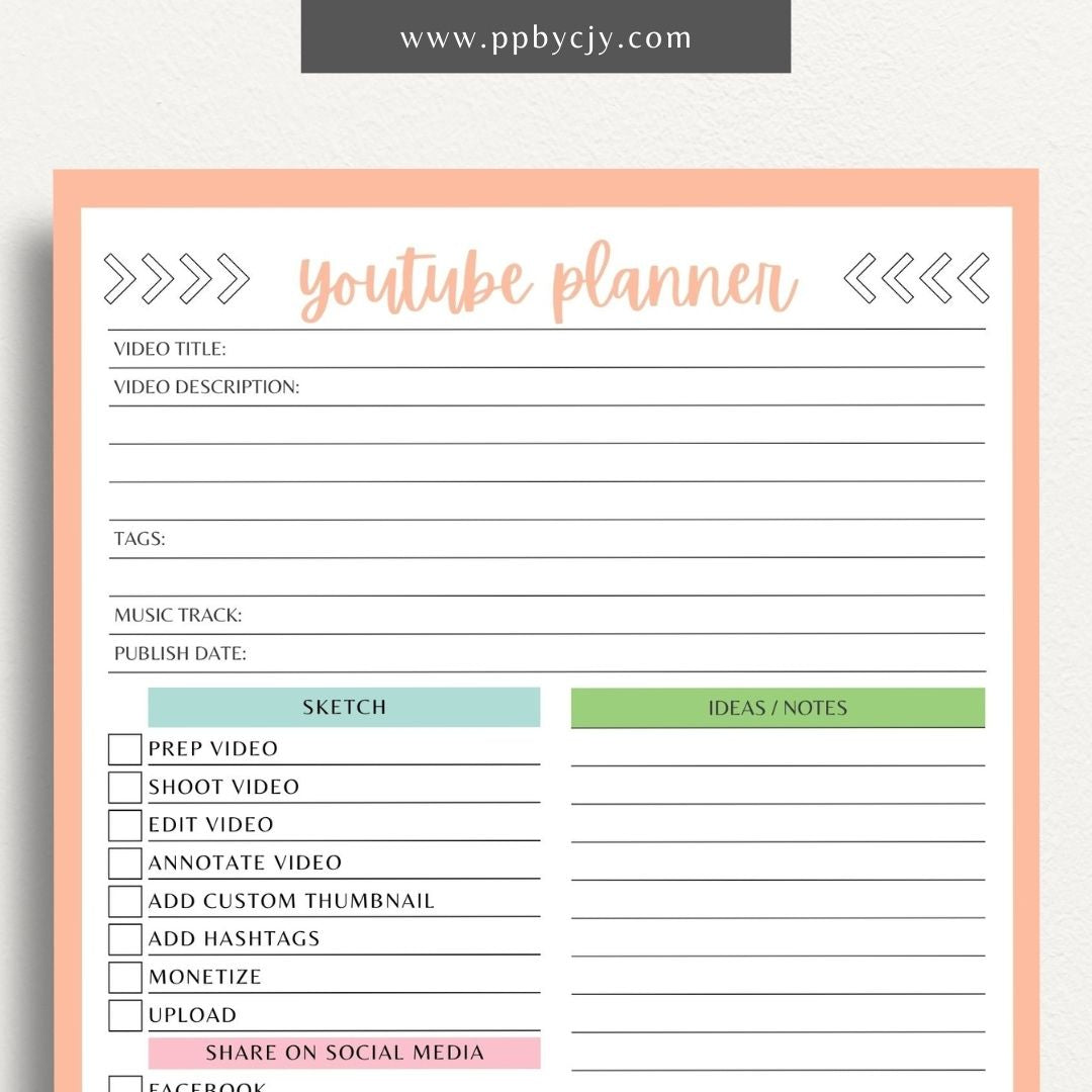 YouTube Planner Printable Template – Digital download for organizing and managing YouTube content, including video ideas, publishing schedules, scripts, and performance tracking