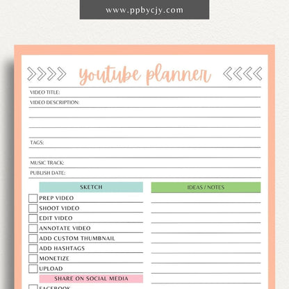 YouTube Planner Printable Template – Digital download for organizing and managing YouTube content, including video ideas, publishing schedules, scripts, and performance tracking