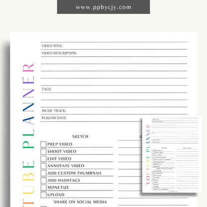 YouTube Planner Printable Template – Digital download for organizing and managing YouTube content, including video ideas, publishing schedules, scripts, and performance tracking