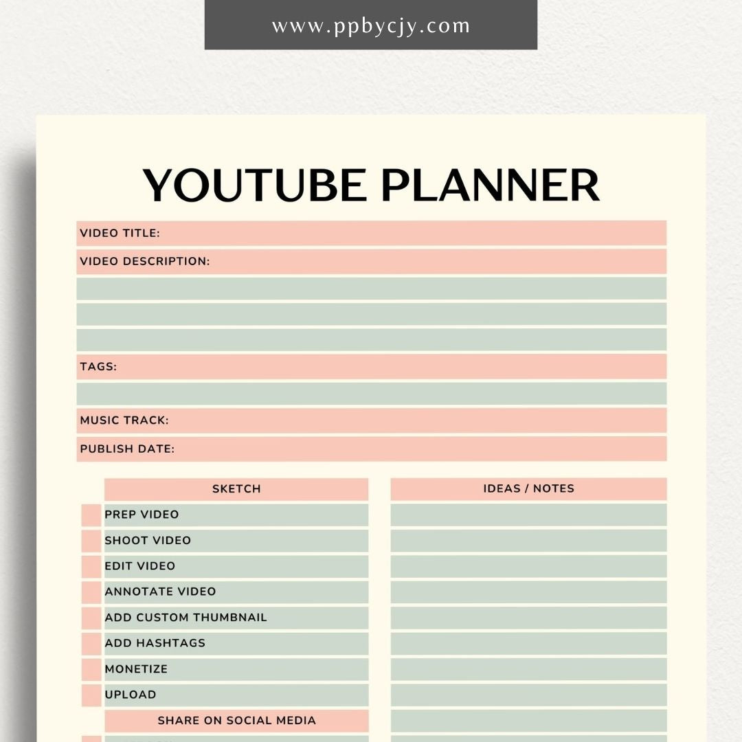 YouTube Planner Printable Template – Digital download for organizing and managing YouTube content, including video ideas, publishing schedules, scripts, and performance tracking