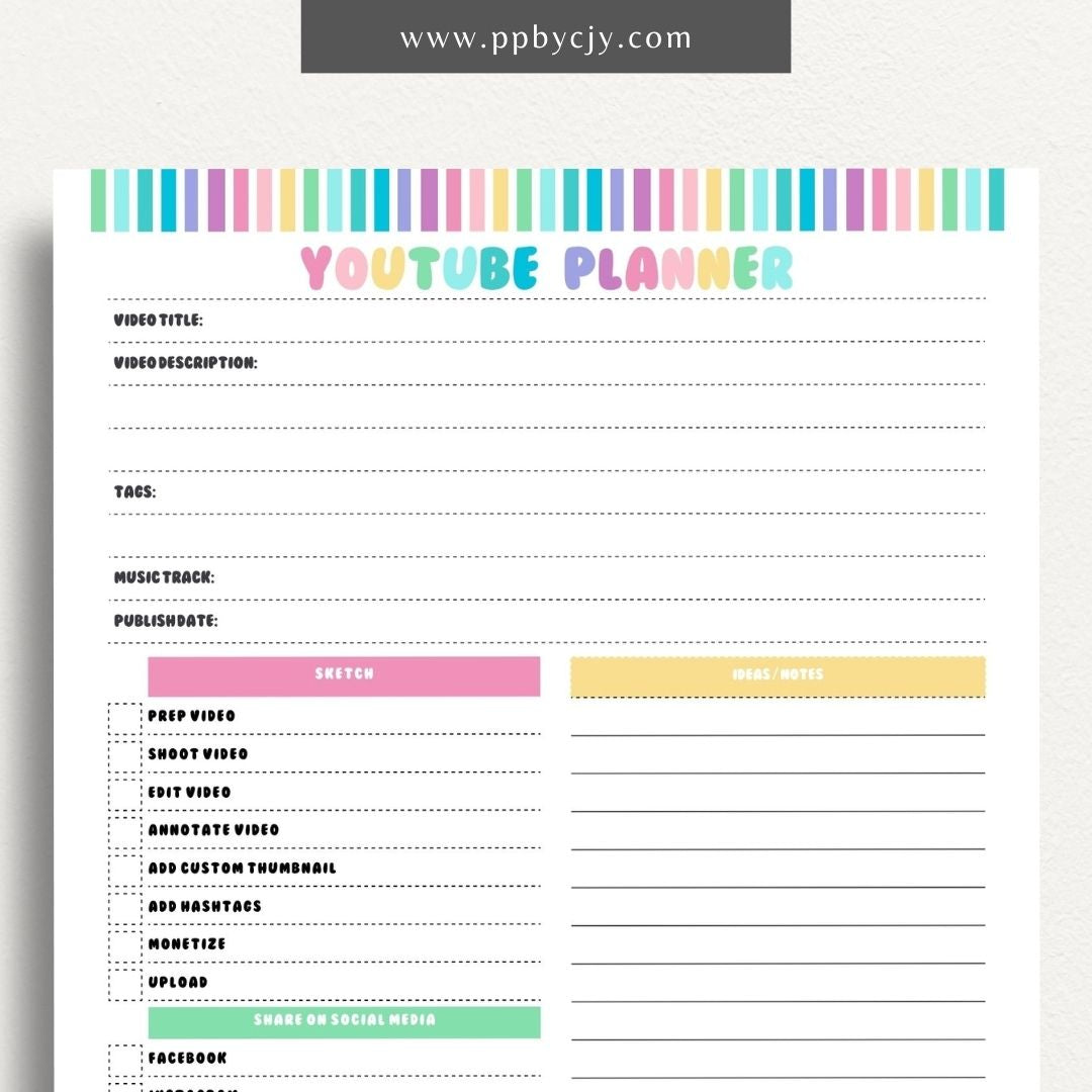 YouTube Planner Printable Template – Digital download for organizing and managing YouTube content, including video ideas, publishing schedules, scripts, and performance tracking