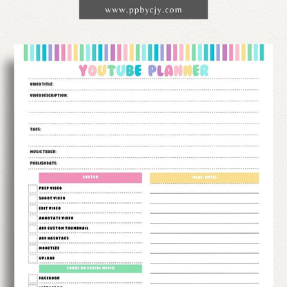 YouTube Planner Printable Template – Digital download for organizing and managing YouTube content, including video ideas, publishing schedules, scripts, and performance tracking