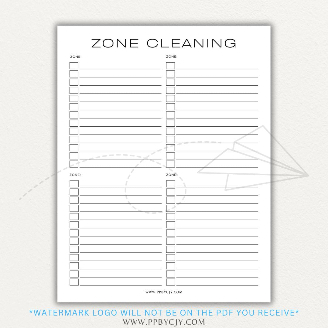 Zone Cleaning Checklist Printable PDF Template for organized home cleaning.

