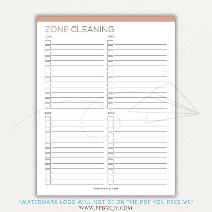 Zone Cleaning Checklist Printable PDF Template for organized home cleaning.

