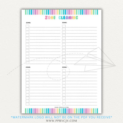 Zone Cleaning Checklist Printable PDF Template for organized home cleaning.

