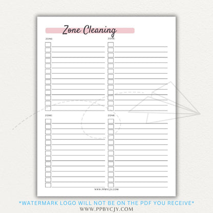 Zone Cleaning Checklist Printable PDF Template for organized home cleaning.

