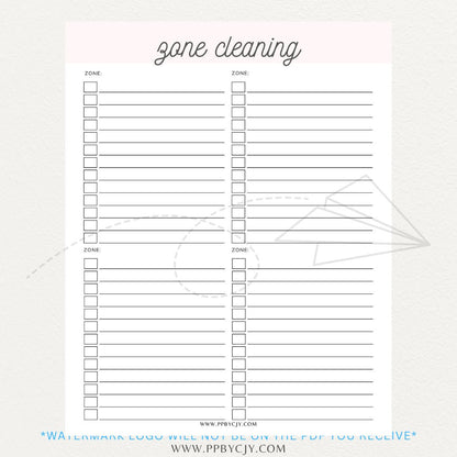 Zone Cleaning Checklist Printable PDF Template for organized home cleaning.

