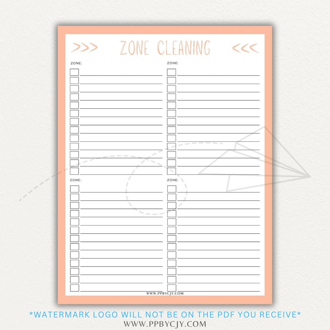 Zone Cleaning Checklist Printable PDF Template for organized home cleaning.

