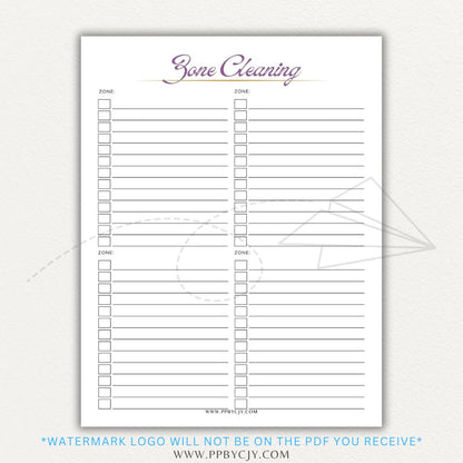 Zone Cleaning Checklist Printable PDF Template for organized home cleaning.

