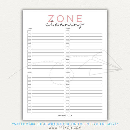 Zone Cleaning Checklist Printable PDF Template for organized home cleaning.

