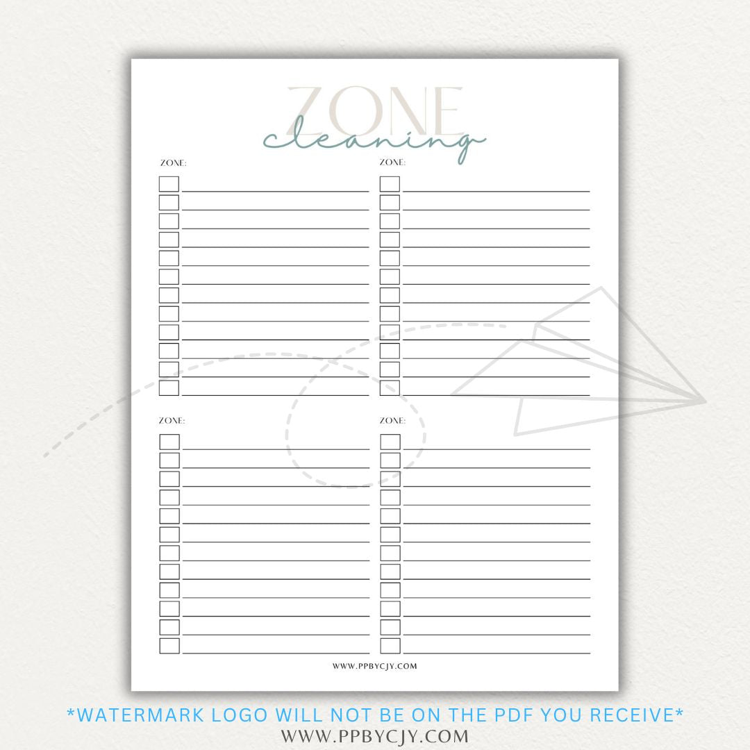 Zone Cleaning Checklist Printable PDF Template for organized home cleaning.

