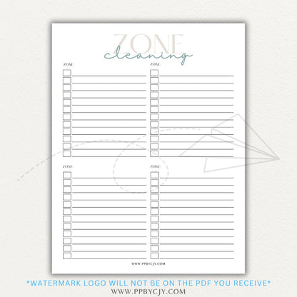 Zone Cleaning Checklist Printable PDF Template for organized home cleaning.

