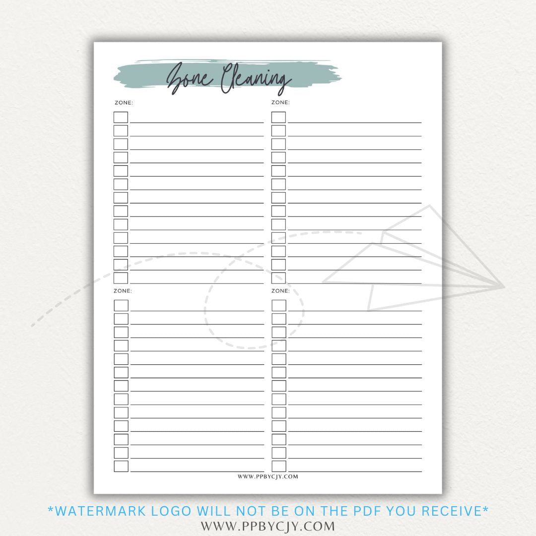 Zone Cleaning Checklist Printable PDF Template for organized home cleaning.

