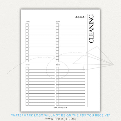 Zone Cleaning Checklist Printable PDF Template for organized home cleaning.

