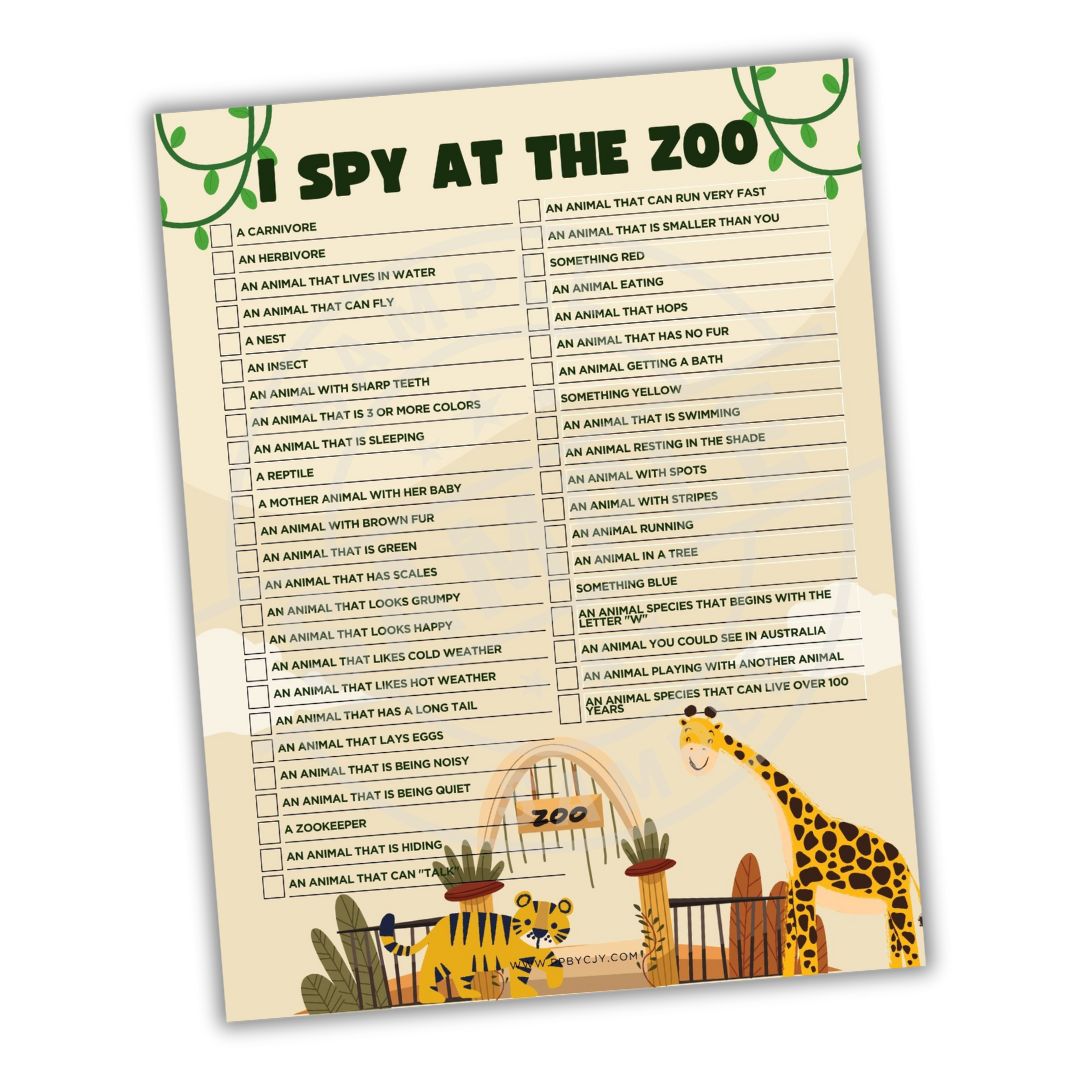 Sheet of 'I Spy at the Zoo' game with illustrations of animals on a white background