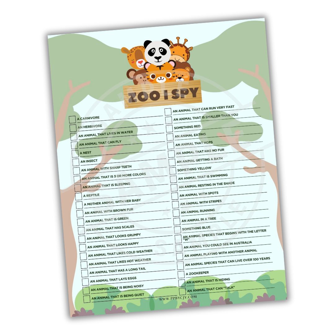 Zoo I Spy game sheet with animal illustrations on a white background