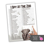Sheet of 'I Spy at the Zoo' game with animals on a white background