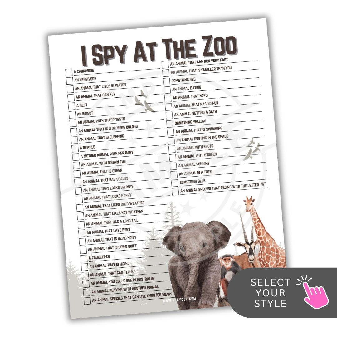 Sheet of 'I Spy at the Zoo' game with animals on a white background