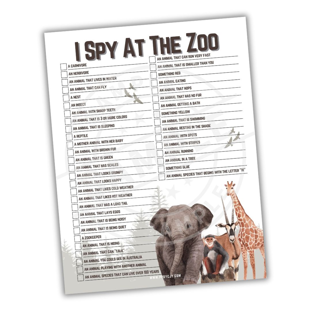 Sheet of paper titled 'I Spy at the Zoo' with animal illustrations on a white background