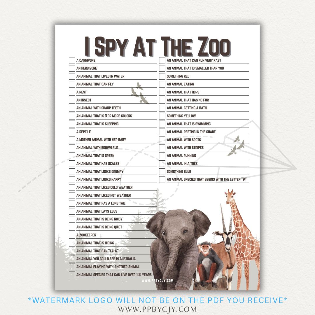 Zoo Animal Scavenger Hunt Printable PDF Template for fun and educational trips.

