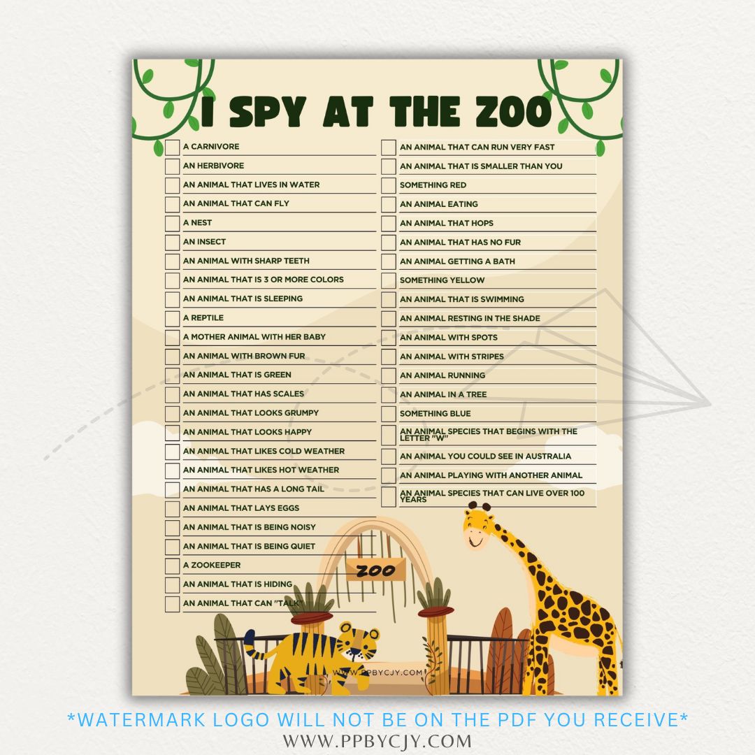 Zoo Animal Scavenger Hunt Printable PDF Template for fun and educational trips.

