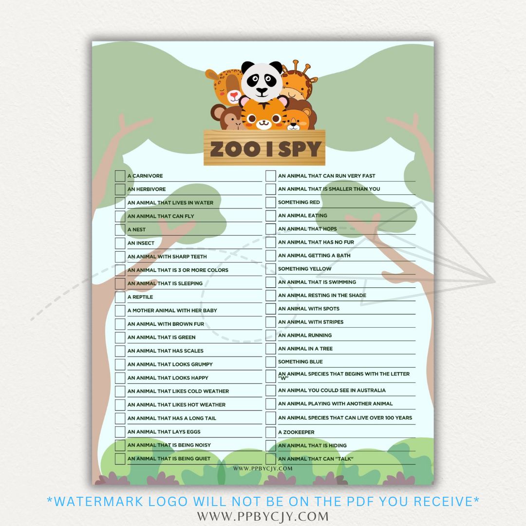 Zoo Animal Scavenger Hunt Printable PDF Template for fun and educational trips.

