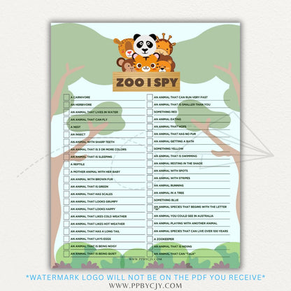 Zoo Animal Scavenger Hunt Printable PDF Template for fun and educational trips.

