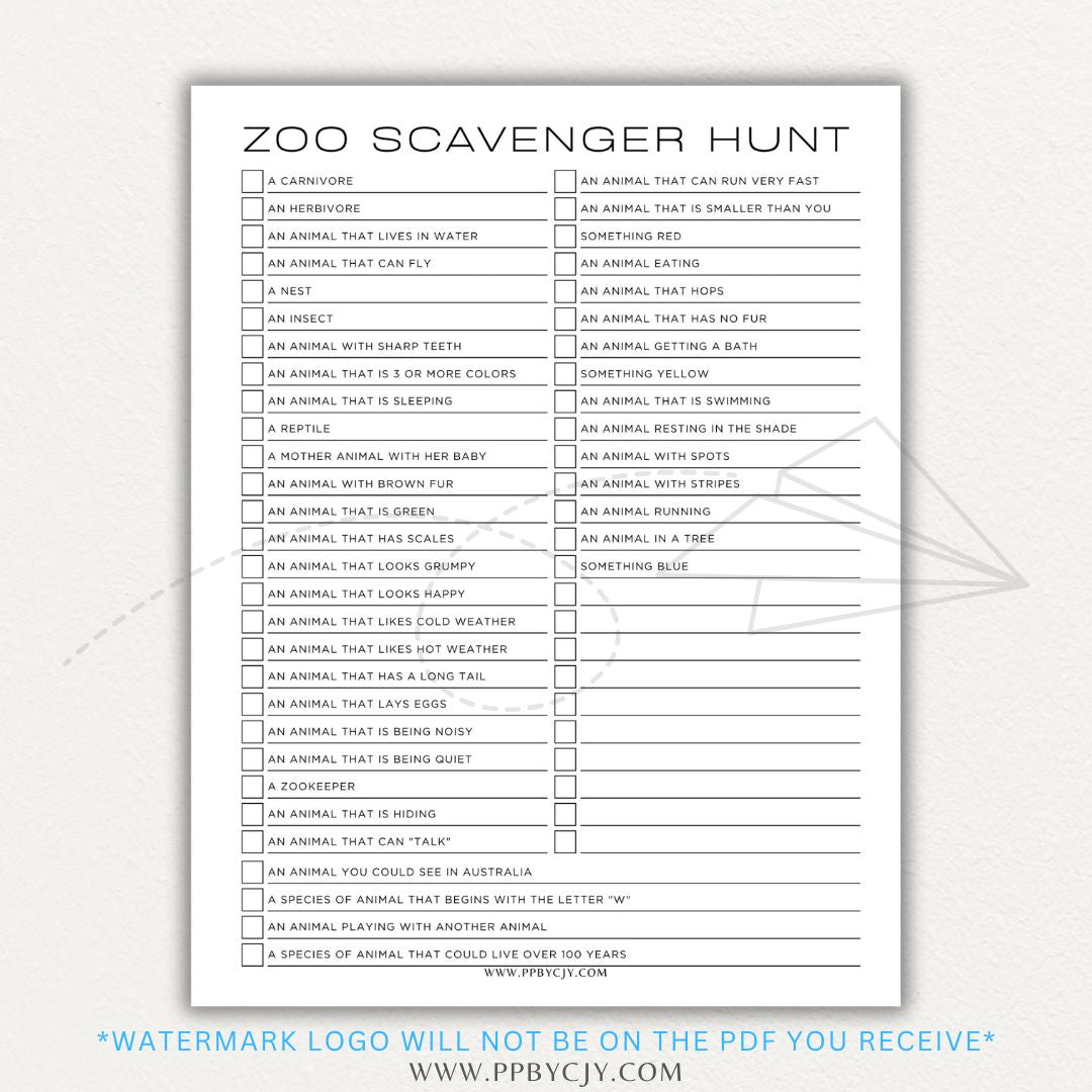 Zoo Animal Scavenger Hunt Printable PDF Template for fun and educational trips.

