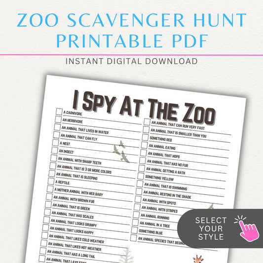 Zoo Animal Scavenger Hunt Printable PDF Template for fun and educational trips.

