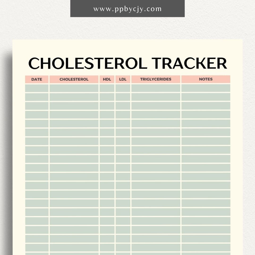 printable template page with columns and rows related to cholesterol tracking