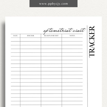 printable template page with columns and rows related to optometrist visits