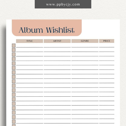 Music Album Wishlist Printable Template – Digital Download for Tracking and Organizing Desired Music Albums