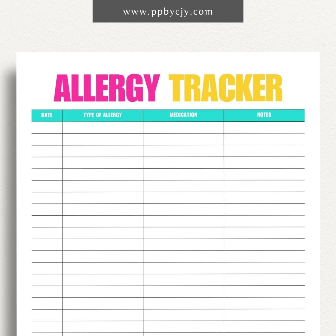 printable template page with columns and rows related to allergy tracking