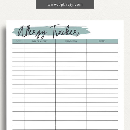 printable template page with columns and rows related to allergy tracking