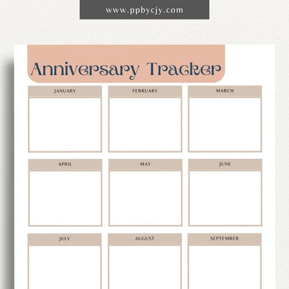 Anniversary Tracker Printable Template – Digital download for recording and remembering important anniversaries, including dates, names, and gift ideas or plans