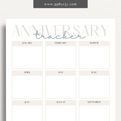 Anniversary Tracker Printable Template – Digital download for recording and remembering important anniversaries, including dates, names, and gift ideas or plans