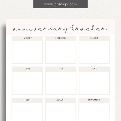 Anniversary Tracker Printable Template – Digital download for recording and remembering important anniversaries, including dates, names, and gift ideas or plans