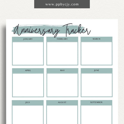 Anniversary Tracker Printable Template – Digital download for recording and remembering important anniversaries, including dates, names, and gift ideas or plans