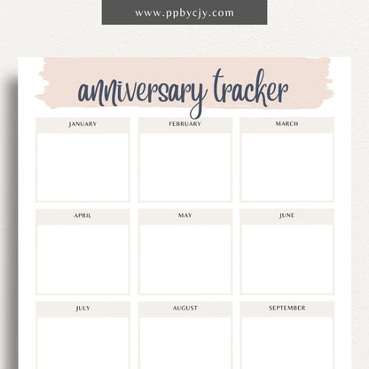 Anniversary Tracker Printable Template – Digital download for recording and remembering important anniversaries, including dates, names, and gift ideas or plans