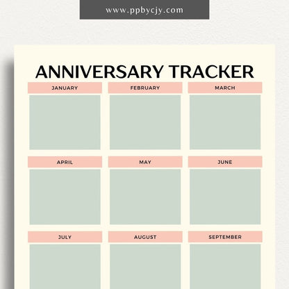 Anniversary Tracker Printable Template – Digital download for recording and remembering important anniversaries, including dates, names, and gift ideas or plans