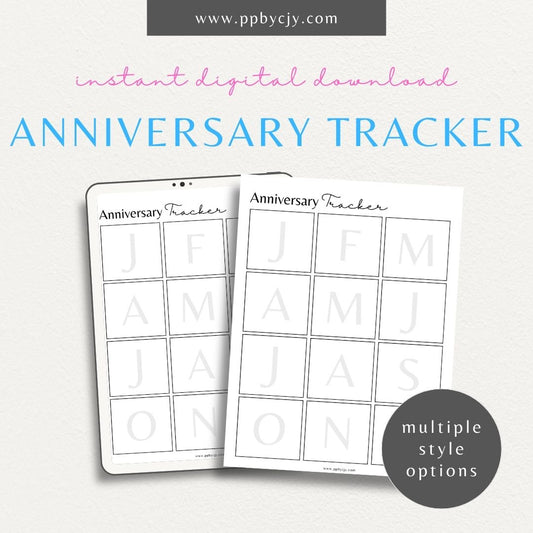 Anniversary Tracker Printable Template – Digital download for recording and remembering important anniversaries, including dates, names, and gift ideas or plans