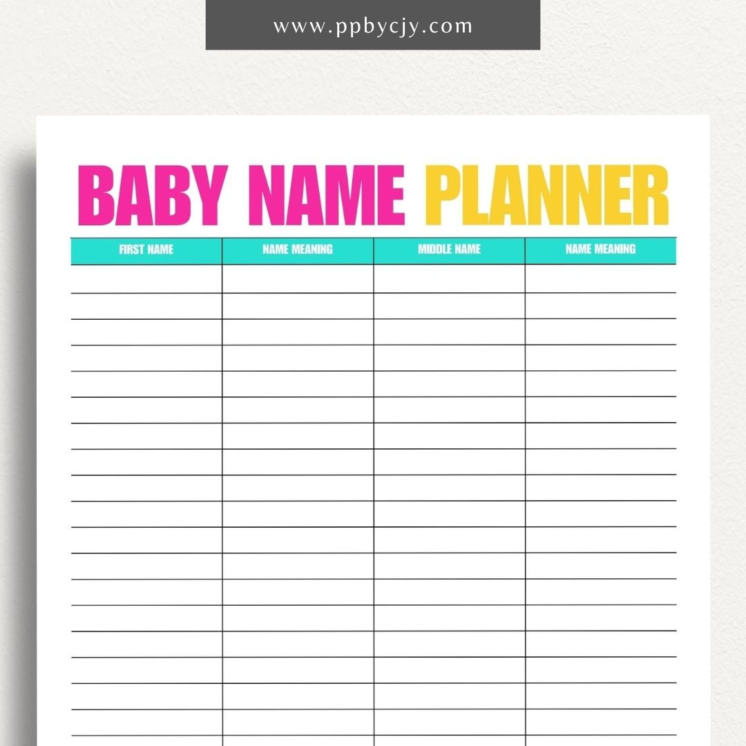 Baby Name Meaning Printable Template – Digital Download for Recording and Displaying the Meanings of Baby Names